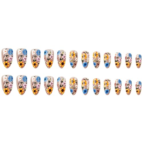 24Pcs Flower Press On Nails Medium Almond Fake Nails Spring Nails Press Ons With Floral Da