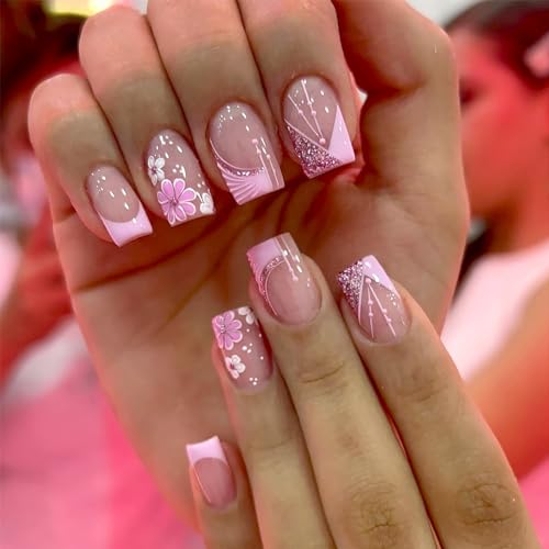 24Pcs Pink French Tip Press on Nails Short Square Fake Nails Spring