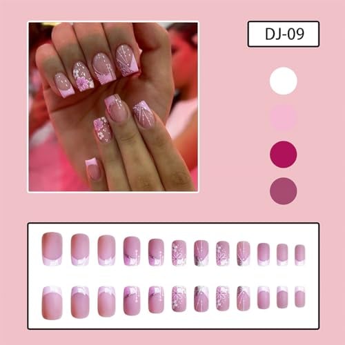 24Pcs Pink French Tip Press on Nails Short Square Fake Nails Spring