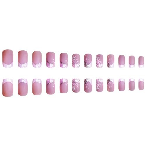 24Pcs Pink French Tip Press on Nails Short Square Fake Nails Spring