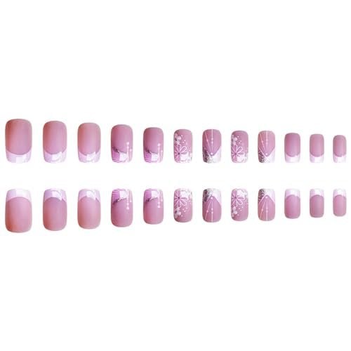 24Pcs Pink French Tip Press on Nails Short Square Fake Nails Spring