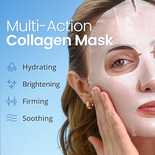 10-Pack Collagen Face Mask with Hyaluronic Acid, Vitamin C, Peptide