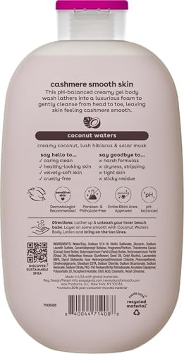 Cashmere Body Wash – Coconut Waters, Moisturizing Body Wash, Creamy Gel Formula, with Shea Butter, Glycerin, Vitamin E, pH Balanced, Sensitive Skin, Vegan, 16 fl oz