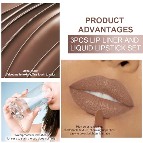 3Pcs Pale Neutral True Nude Matte Lip Liner & Liquid Lipstick