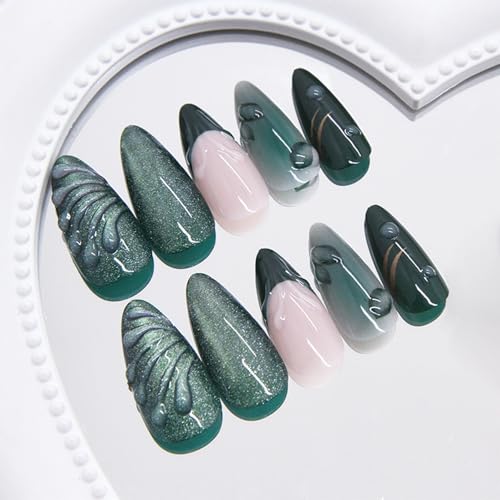 24pcs Green Press on Nails Medium Almond Fake Nails with 3D Leaf Water Drop Designs French