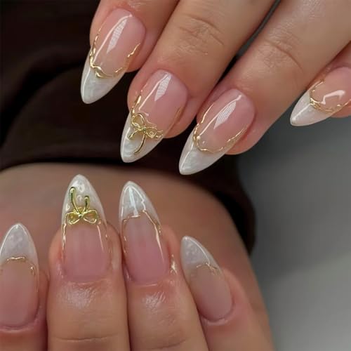 24pcs White French Tip Press on Nails Medium Almond Fake Nails with 3D Bow Acrylic Nails D