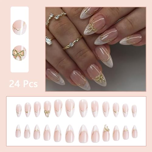 24pcs White French Tip Press on Nails Medium Almond Fake Nails with 3D Bow Acrylic Nails D