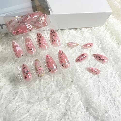 30pcs Pink Flower Cute Cat Almond Acrylic Press-On False Nails Kit with Rhinestone Pearl D
