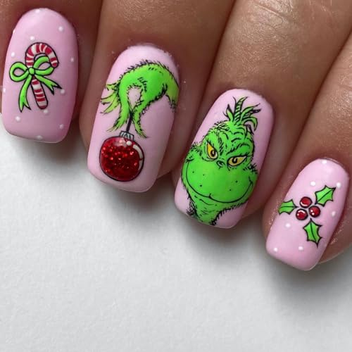 Christmas Press on Nails Short Square Fake Nails Pink Stick on Nails