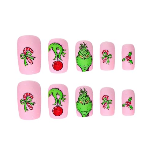 Christmas Press on Nails Short Square Fake Nails Pink Stick on Nails