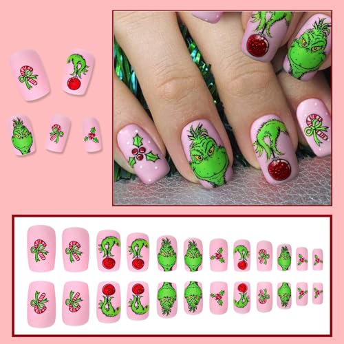 Christmas Press on Nails Short Square Fake Nails Pink Stick on Nails