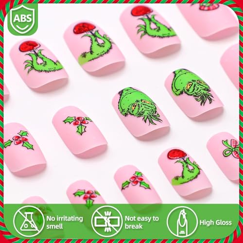 Christmas Press on Nails Short Square Fake Nails Pink Stick on Nails