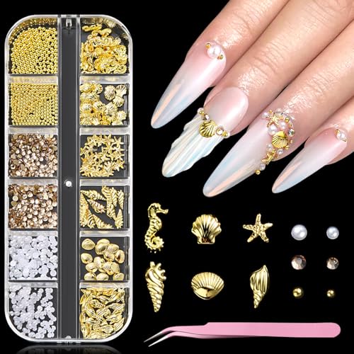 3D Beach Nail Charms Gold Seashell Tropical Ocean Decorations