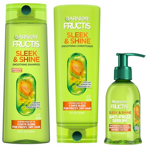 Fructis Sleek & Shine Shampoo and Conditioner Set with Anti-Frizz Serum for Frizzy Hair, Up to 72H of Frizz Control, Smooths Flyaways & Boosts Shine, 3 Items 29.6 Fl Oz (Pa