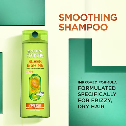 Fructis Sleek & Shine Shampoo and Conditioner Set with Anti-Frizz Serum for Frizzy Hair, Up to 72H of Frizz Control, Smooths Flyaways & Boosts Shine, 3 Items 29.6 Fl Oz (Pa