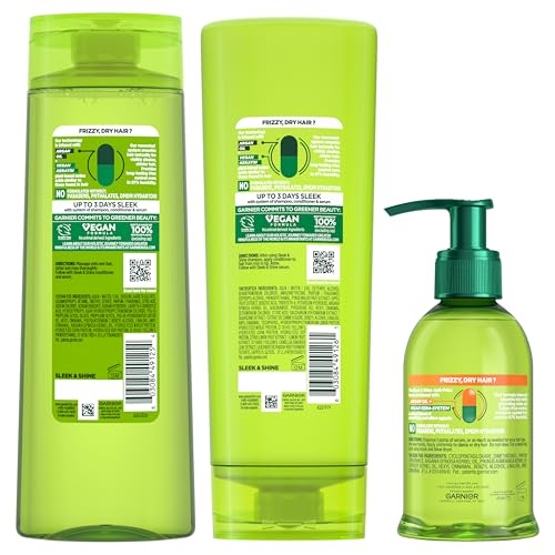 Fructis Sleek & Shine Shampoo and Conditioner Set with Anti-Frizz Serum for Frizzy Hair, Up to 72H of Frizz Control, Smooths Flyaways & Boosts Shine, 3 Items 29.6 Fl Oz (Pa