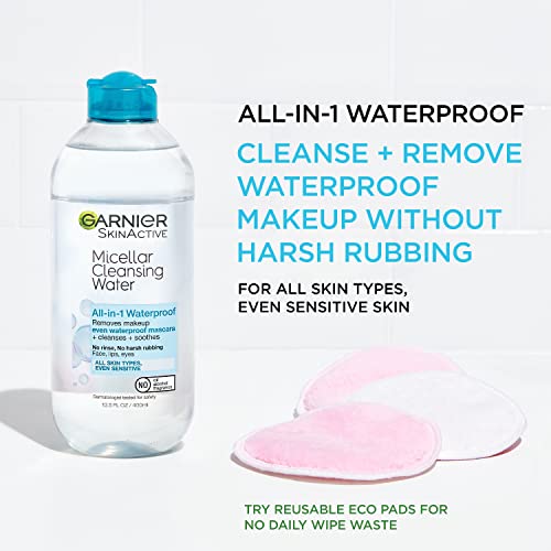 Micellar Water For Waterproof Makeup, Hydrating Facial Cleanser & Makeup Remover, Suitable for Sensitive Skin, Vegan, Cruelty Free, 13.5 Fl Oz (400mL), 1 Count