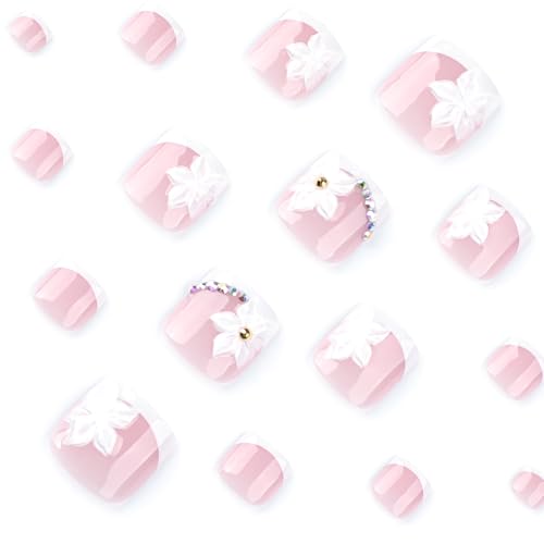 White French Tip Press on Toenails 3D Flower Fake Toe Nails