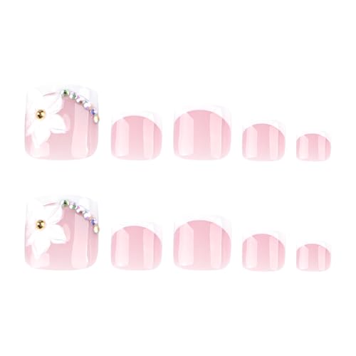 White French Tip Press on Toenails 3D Flower Fake Toe Nails