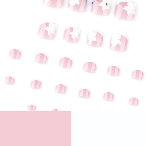 White French Tip Press on Toenails 3D Flower Fake Toe Nails