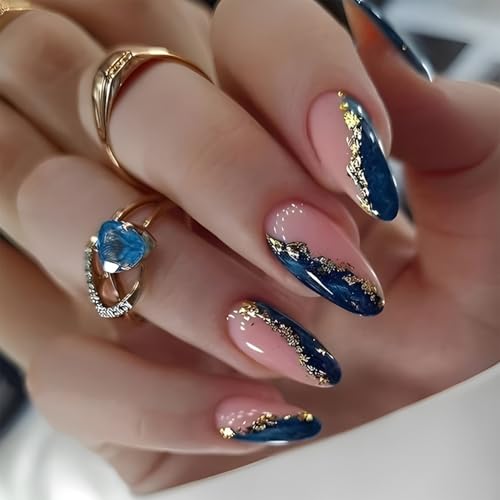 Gold Foil Blue Marble Fake Acrylic Nails Medium Almond Press on Nails