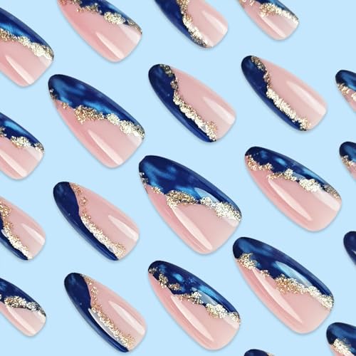 Gold Foil Blue Marble Fake Acrylic Nails Medium Almond Press on Nails