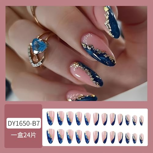 Gold Foil Blue Marble Fake Acrylic Nails Medium Almond Press on Nails