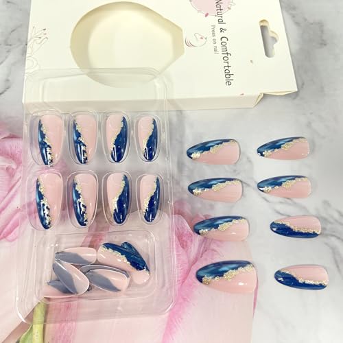Gold Foil Blue Marble Fake Acrylic Nails Medium Almond Press on Nails