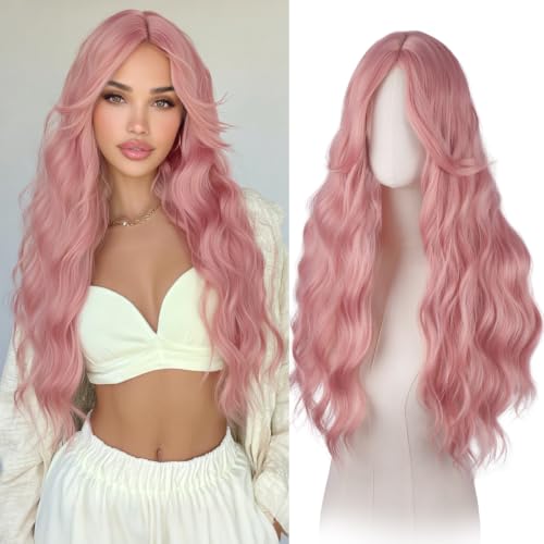 Long Wavy Pink Wig with Curtain Bangs, 26 Inch