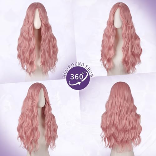 Long Wavy Pink Wig with Curtain Bangs, 26 Inch
