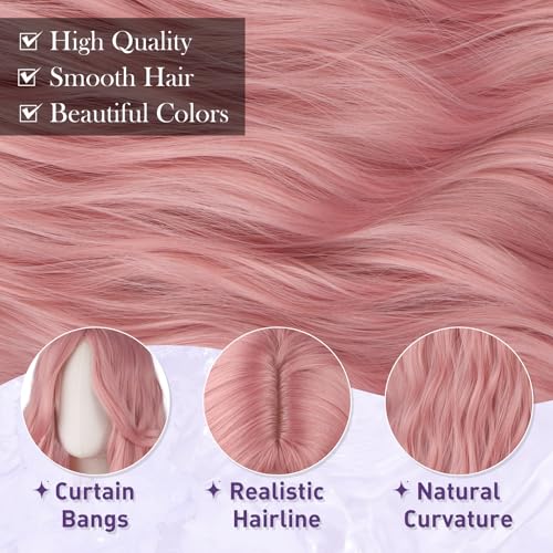 Long Wavy Pink Wig with Curtain Bangs, 26 Inch