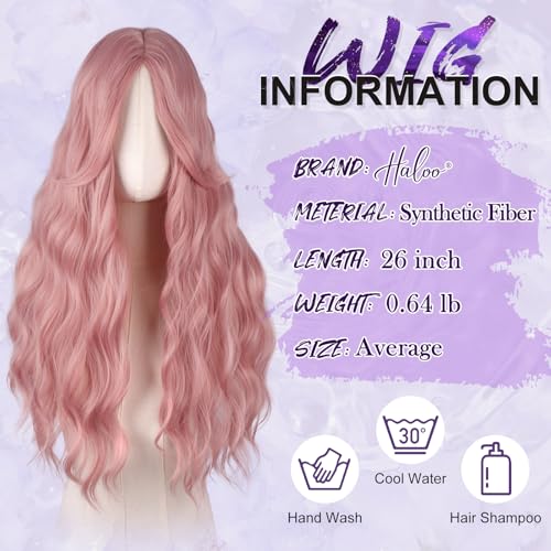 Long Wavy Pink Wig with Curtain Bangs, 26 Inch