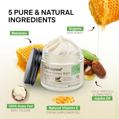 Beef Tallow Honey Balm for Skin: 100% Grass Fed Whipped Organic Moisturizer