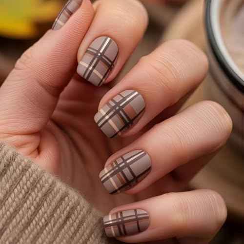 24Pcs Fall Press on Nails Short Square Fake Nails with Plaid Design Matte Khaki Artificial