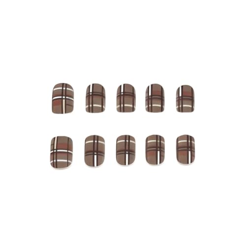24Pcs Fall Press on Nails Short Square Fake Nails with Plaid Design Matte Khaki Artificial