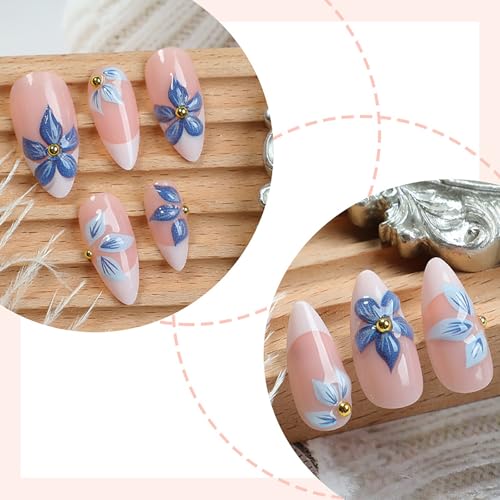 3D Flower Press on Nails Medium Almond, Natural Nude Blue White French T