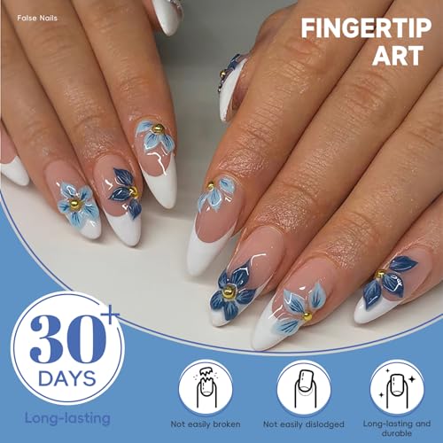 3D Flower Press on Nails Medium Almond, Natural Nude Blue White French T