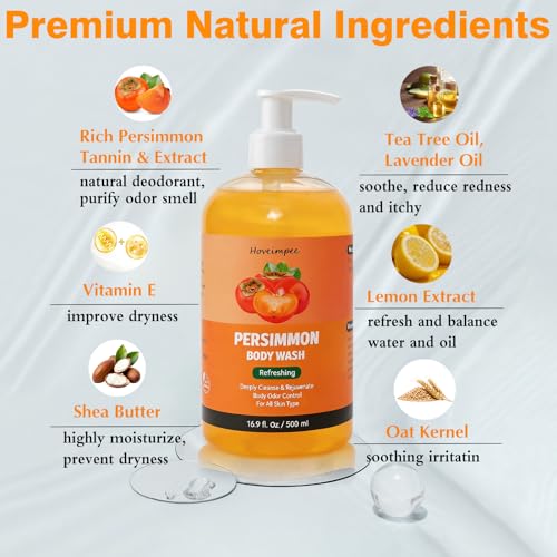 16.9 Fl Oz Persimmon Body Wash for Body Odor Control, Nonenal Deodorant