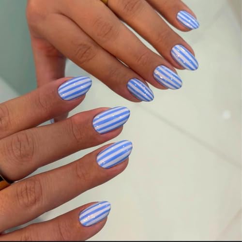 Short Almond Press on Nails Blue White Striped Fake Nails