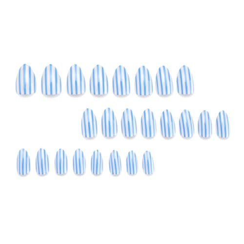 Short Almond Press on Nails Blue White Striped Fake Nails