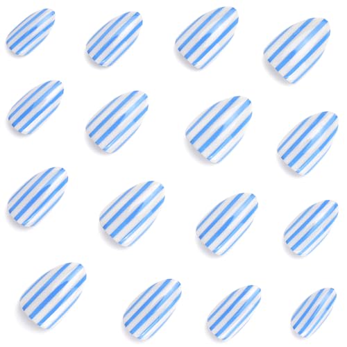 Short Almond Press on Nails Blue White Striped Fake Nails