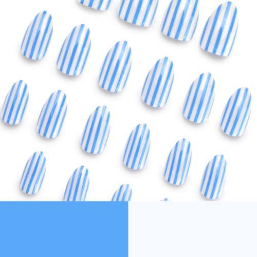 Short Almond Press on Nails Blue White Striped Fake Nails