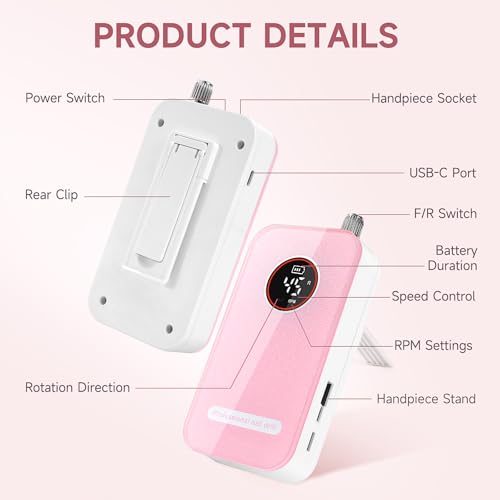 Professional Nail Drill 45000RPM Rechargeable Cordless