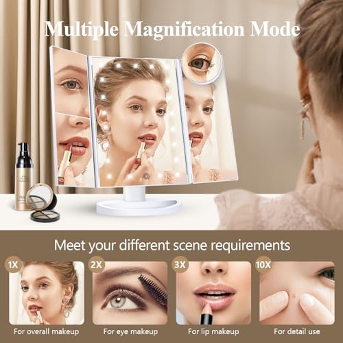 2X 3X 10X Magnifying Vanity Mirror with Light Trifold