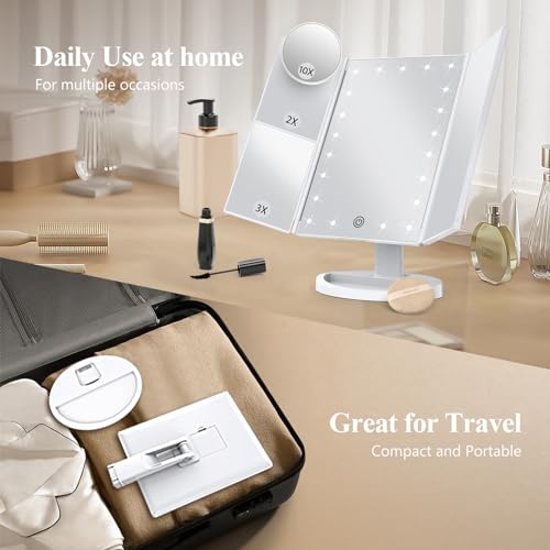 2X 3X 10X Magnifying Vanity Mirror with Light Trifold