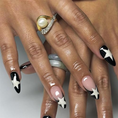 Medium Almond Press on Nails French Black Fake Nails Stiletto Star False Nails with Design