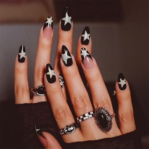 Medium Almond Press on Nails French Black Fake Nails Stiletto Star False Nails with Design