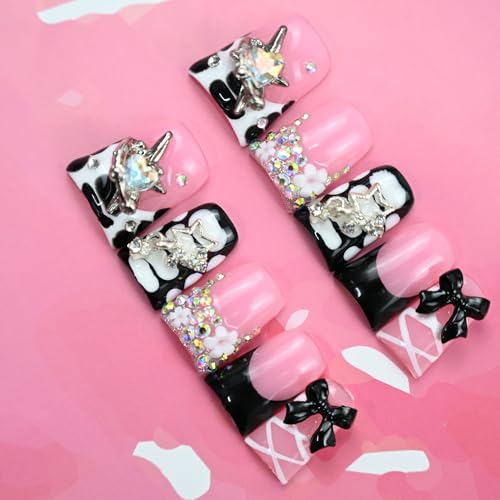 Handmade Short Duck Press On Nails, Black Ballet Ribbons And Y2K, 10 Pie
