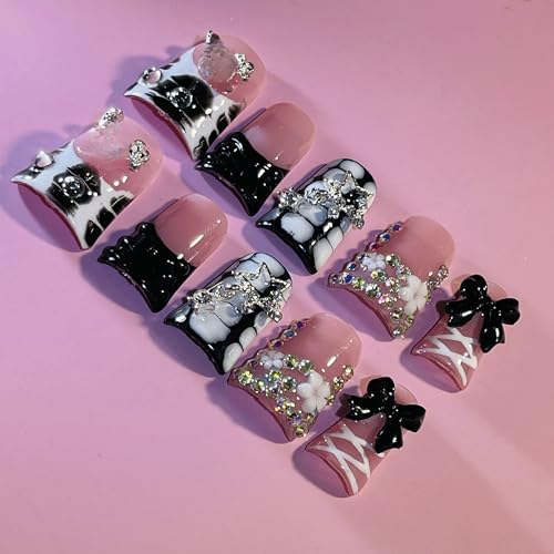 Handmade Short Duck Press On Nails, Black Ballet Ribbons And Y2K, 10 Pie