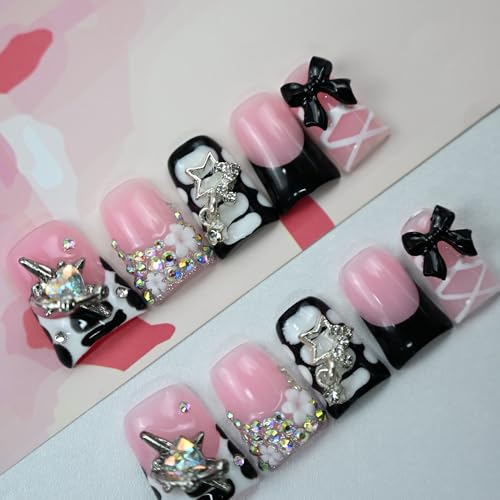 Handmade Short Duck Press On Nails, Black Ballet Ribbons And Y2K, 10 Pie